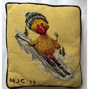 VTG Handmade Needlepoint Pillow Skiing Duck Mallard 11x12 MJC 1977 Yellow